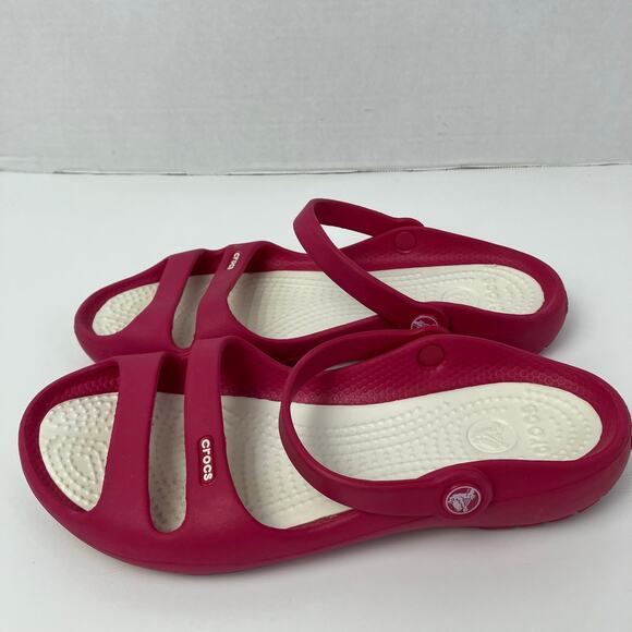 Crocs Wmns Sz 7 Cleo II Pink White Rubber Sandals Double Strap Slingback or Clog - Picture 1 of 12